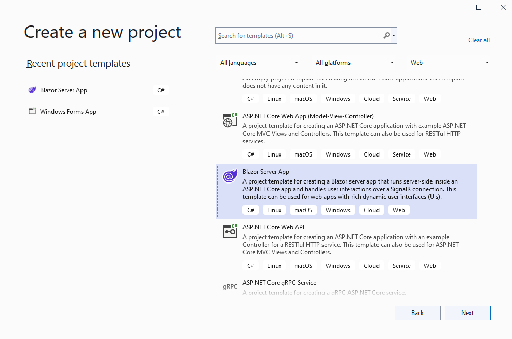 Open Visual Studio .NET 2022 and create a new project of Blazor Server Application type